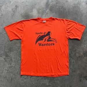 Vintage 80s Paperweight Apache Warriors Graphic TShirt Orange Mens XL PolyCotton